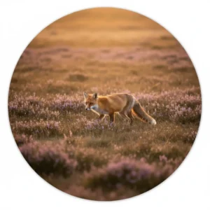 Vos in gouden avondzon op de heide